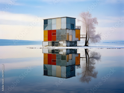 Bauhaus Inspired Mondrian Colors - Exterior View. Generative ai. photo