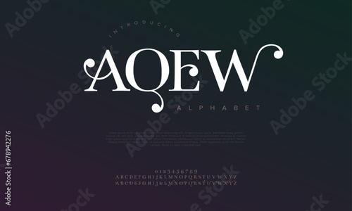 Aqew premium luxury elegant alphabet letters and numbers. Elegant wedding typography classic serif font decorative vintage retro. Creative vector illustration