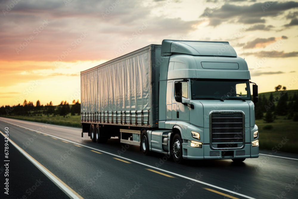 Loaded European truck on motorway in red, orange sunset light. On the road transportation and cargo.