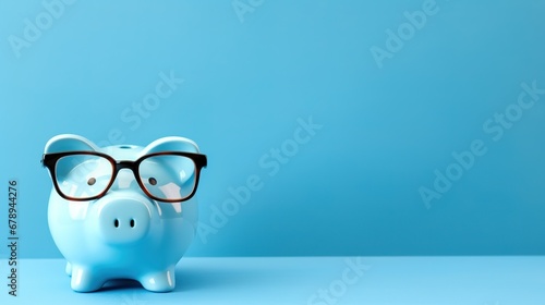 Piggy bank with glasses on blue background photo