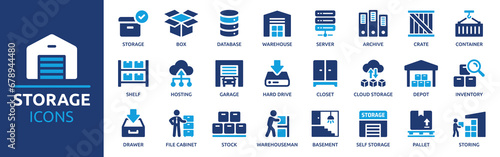 Storage icon set. Containing warehouse, database, box, inventory, container, shelf, archive and more. Vector solid icons collection. photo