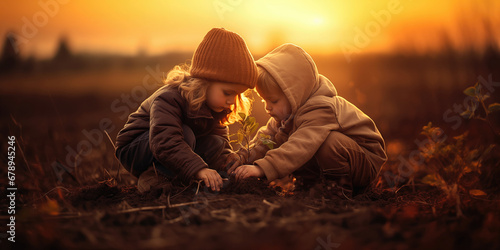 little boy and girl plants a tree outside on sunrise