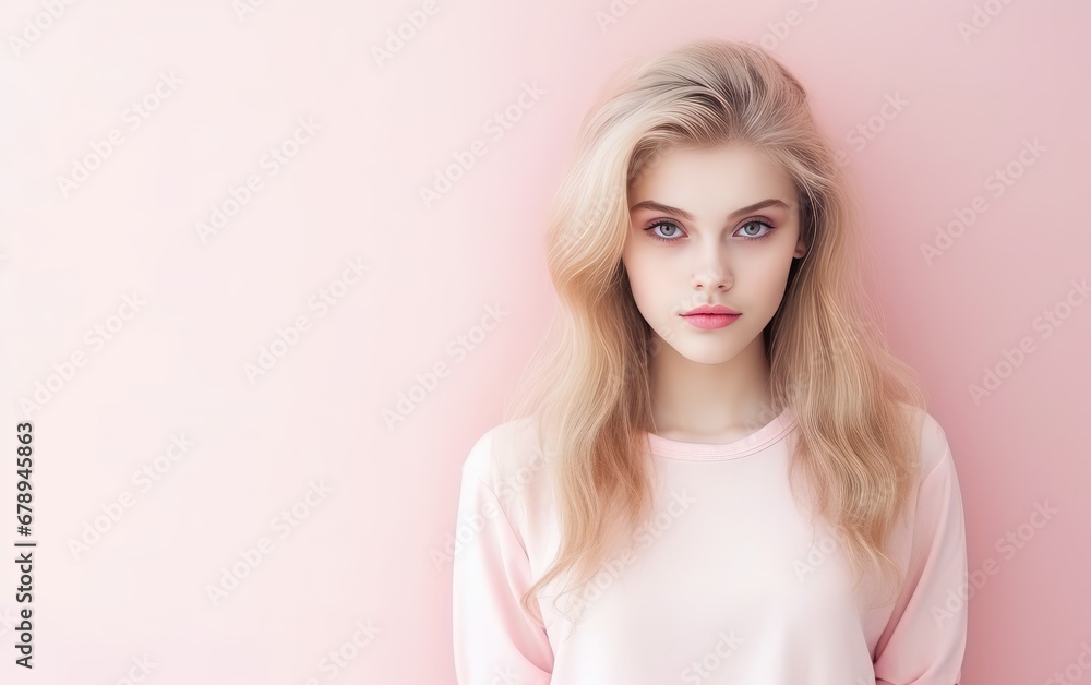Portrait of a young woman on a clean background in pink tones. Portrait of a young woman on a clean background in pink tones.
