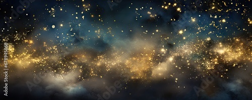 Watercolor night sky. Pattern with gold foil constellations, stars and clouds on dark blue background. Space, astronomical concept. Design for textile, fabric, paper, print, banner photo