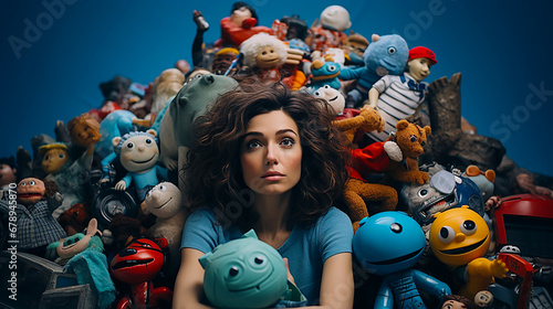 Woman fed up with pile of stuffed animals photo