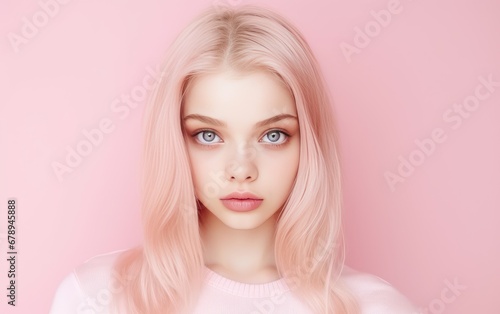 Portrait of a young woman on a clean background in pink tones.