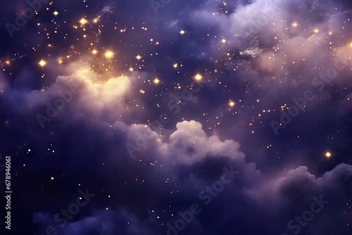 Watercolor night sky. Pattern with gold foil constellations, stars and clouds on dark purple background. Space, astronomical concept. Design for textile, fabric, paper, print, banner © ratatosk