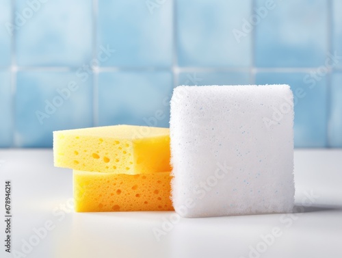 A pair of multi-colored sponges lying on a clean background.