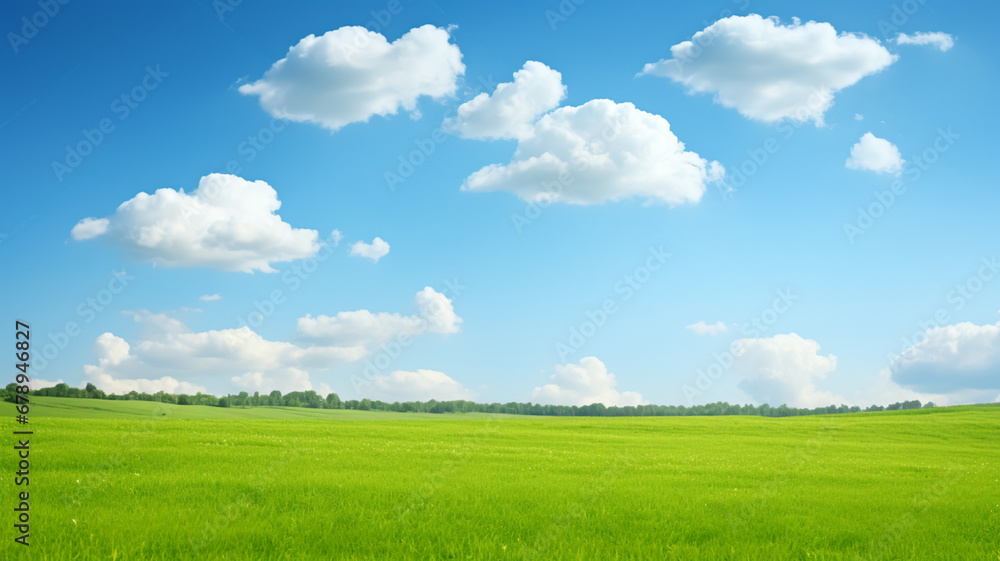 Beautiful landscape with green grass on sunny day, AI Generative.