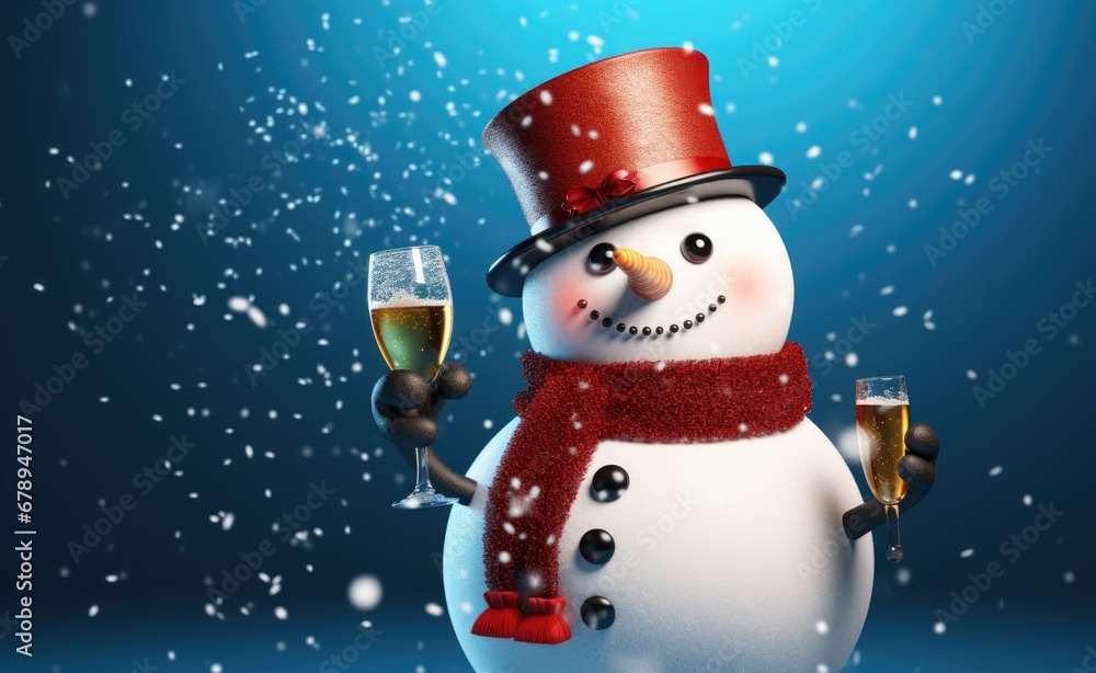 Naklejka premium A cheerful snowman in a red hat and scarf with a blank white card in his hands, with snowflakes softly falling from the gentle blue sky