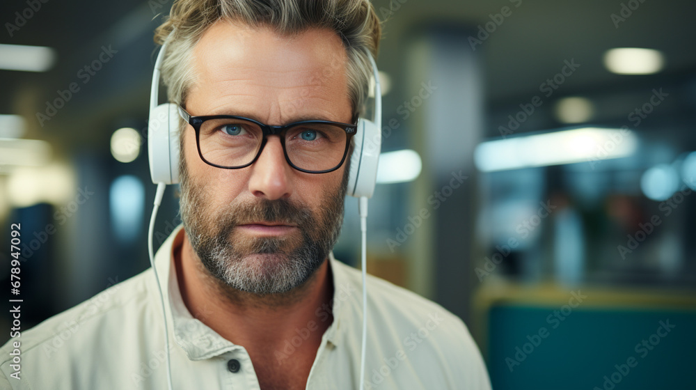 a relaxed middle-aged Caucasian man with glasses and a beard listens to music on headphones a relaxed middle-aged Caucasian man with glasses and a beard listens to music on headphones