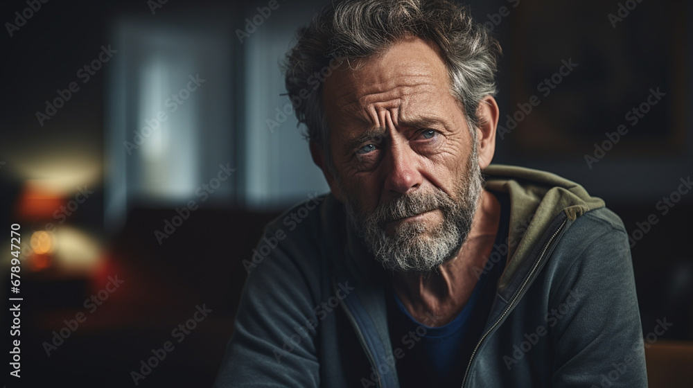 older white male in grey jacket and blue shirt, contemplative mood, sitting on couch in indoor space, lost in deep thought older white male in grey jacket and blue shirt, contemplative mood, sitting on couch in indoor space, lost in deep thought