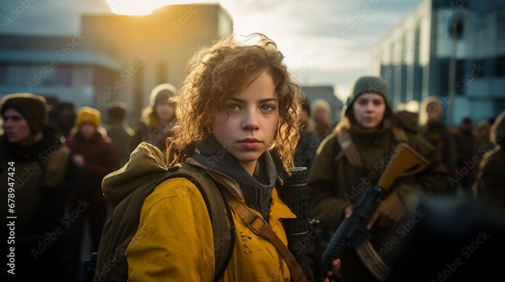 young teenager teen girl is armed, on the streets protesting or riot or demonstrating or fighting as resistance, young generation with weapons guns and rifles, fictional demonstration