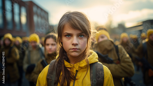 young teenager teen girl is armed, on the streets protesting or riot or demonstrating or fighting as resistance, young generation with weapons guns and rifles, fictional demonstration