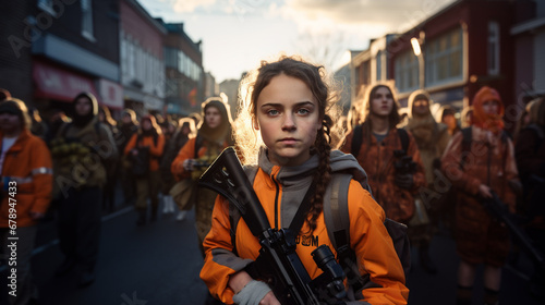 young teenager teen girl is armed, on the streets protesting or riot or demonstrating or fighting as resistance, young generation with weapons guns and rifles, fictional demonstration photo