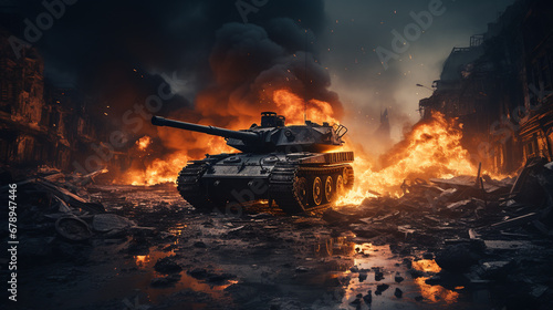 war scene, tank in flaming,...