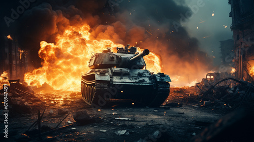 war scene, tank in flaming,...