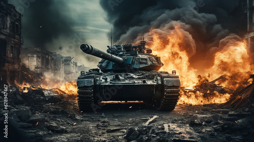 war scene, tank in flaming, smoky city ruins, dominating the image with abandoned buildings and dark smog and fire, fictional location