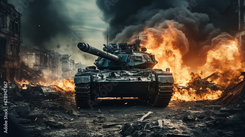 war scene, tank in flaming,...