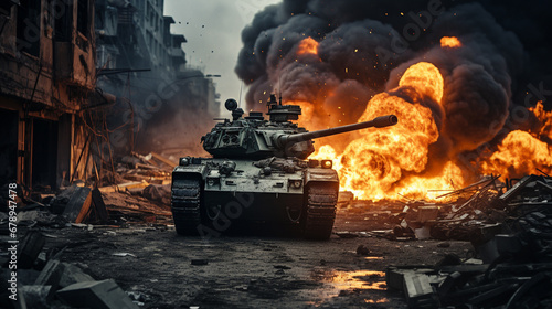 war scene, tank in flaming,...
