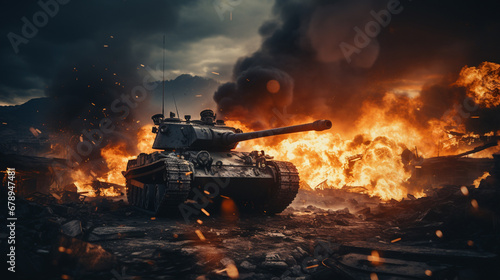 war scene, tank in flaming,...