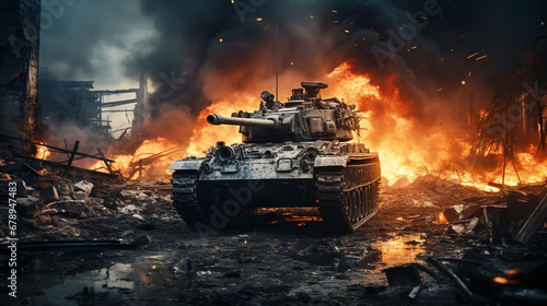 war scene, tank in flaming,...
