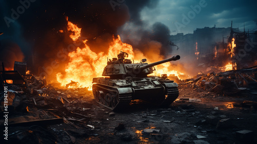 war scene, tank in flaming,...