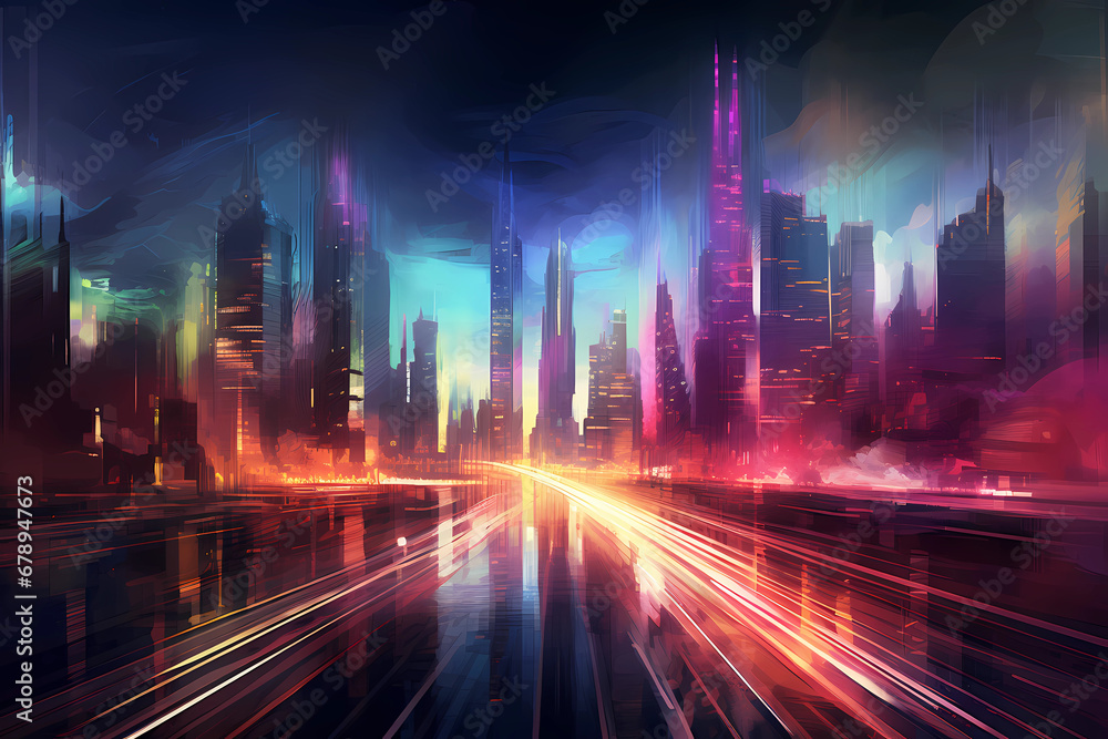 Futuristic cityscape blurry light trailing into abstract cityscape at night