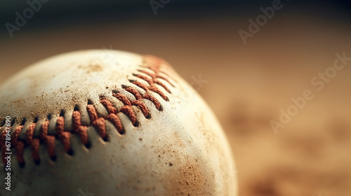 Close up of old baseball ball on the sand. Shallow depth of field.
