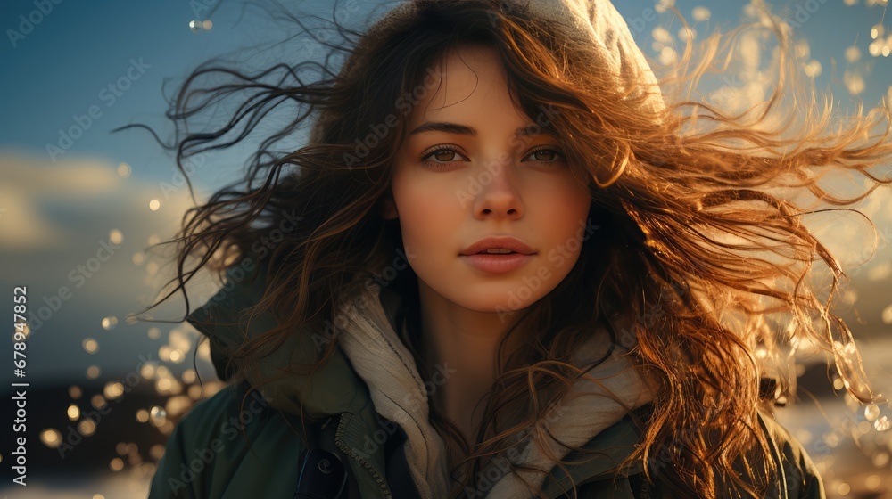 a girl in a hooded jacket in the desert. a girl in a hooded jacket in the desert.