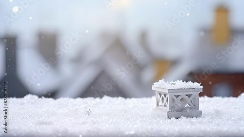 A snowcovered rooftop, with undisturbed snow forming a smooth and pristine surface. From a distance, it looks like a white blanket has been laid over the building.