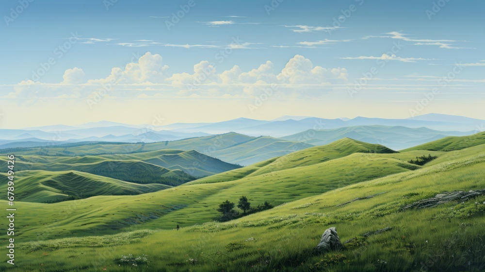 なだらかな草原の丘が連なる風景