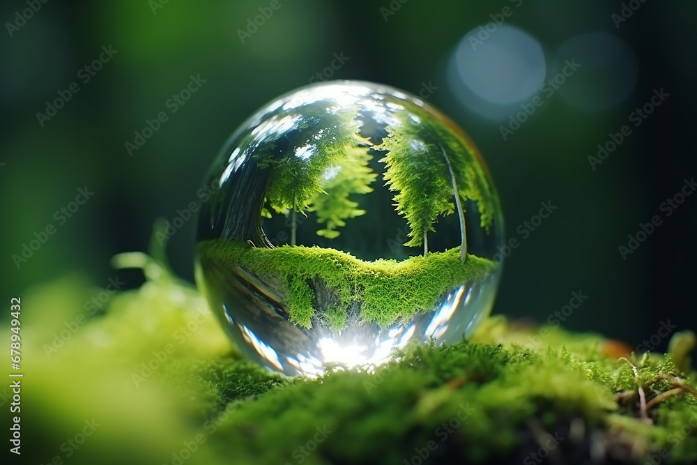 A green tree seen through the lens ball. A lens ball on green moss., Green nature in the water ball A green tree seen through the lens ball. A lens ball on green moss., Green nature in the water ball