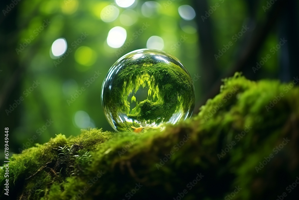 A green tree seen through the lens ball. A lens ball on green moss., Green nature in the water ball A green tree seen through the lens ball. A lens ball on green moss., Green nature in the water ball