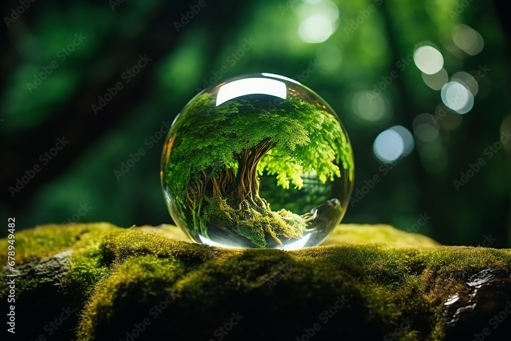 A green tree seen through the lens ball. A lens ball on green moss., Green nature in the water ball A green tree seen through the lens ball. A lens ball on green moss., Green nature in the water ball