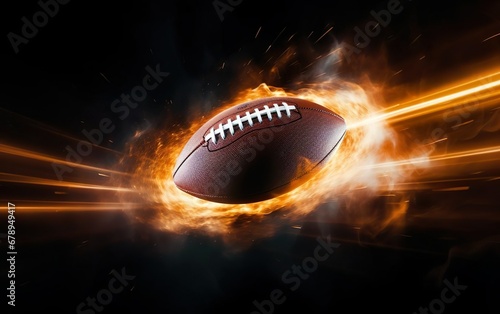 Super bowl poster. Traditional American leather football spinning flying on dark background. Rugby ball. Fire motion rays, friction, dust, speed, light burst. Copy space at the right. AI Generative