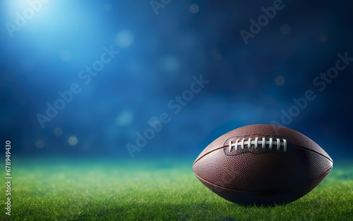 Super bowl poster. Banner with American football isolated on dark green and blue background. Rugby ball on the stadium field grass. De focus  bokeh  blurred. Copy space at the left. AI Generative