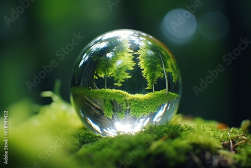 A green tree seen through the lens ball. A lens ball on green moss., Green nature in the water ball © Wuttichaik