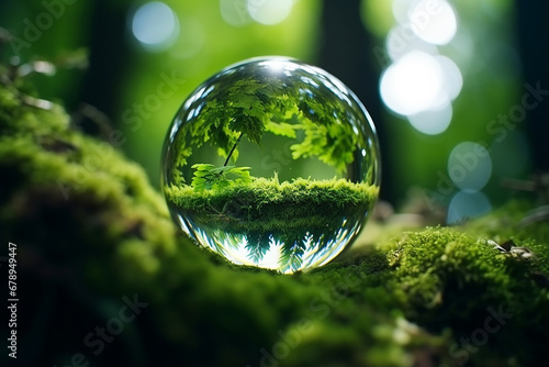 A green tree seen through the lens ball. A lens ball on green moss., Green nature in the water ball #678949447