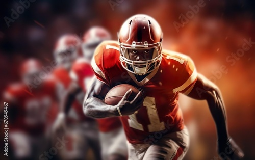 Super bowl poster. Traditional American football player in red helmet sport uniform running through the stadium holding a rugby ball. Blurred background with people, de focus. AI Generative