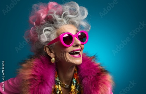 Fashionista in Pink Shades and Luxurious Fur Coat. An elderly woman wearing pink sunglasses and a pink fur coat on bright blue background.