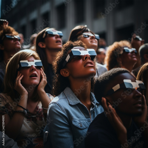 a crowd of people in special glasses watching the solar eclipse on the street