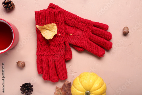 Gloves with cup of tea and autumn decor on beige background © Pixel-Shot