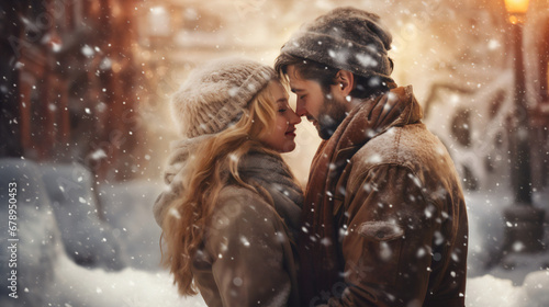 Portrait of a young couple enjoying in wintertime on romantic snowfall background