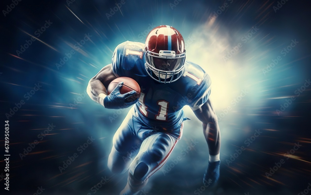 Super bowl poster. Traditional American football player in red helmet and blue sport uniform running through the stadium holding a rugby ball. Blurred background, motion rays, de focus. AI Generative