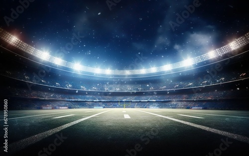 Super bowl dramatic poster. American football stadium background for sport event banner at night. Rugby championship competition banner. Blue and green, blurred, de focus, vignette. AI Generative