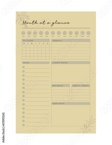 Month goal Planner. (Winter) Minimalist planner template set. Vector illustration. 