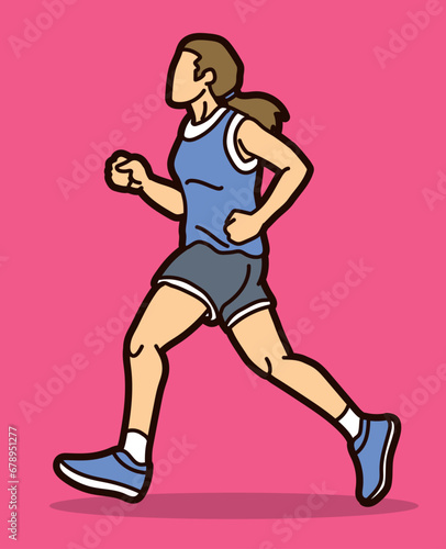 A Woman Start Running Jogging Marathon Runner Movement Action Cartoon Sport Graphic Vector