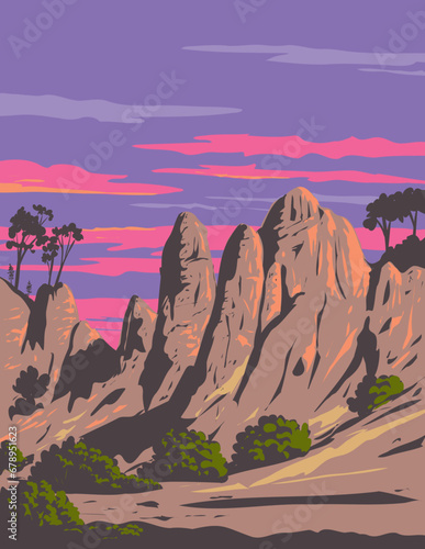 WPA poster art of rock formations at Pinnacles National Park located east of the Salinas Valley in Central California USA done in works project administration or federal art project style.

