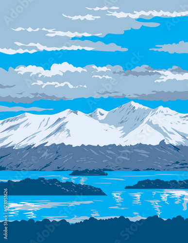WPA poster art of Lake Clark and the Chigmit Mountains in Lake Clark National Park and Preserve located in southwest Alaska, USA done in works project administration or federal art project style.
 photo